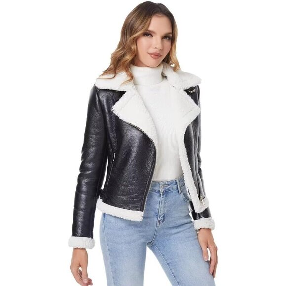 Jackets & Blazers - Women's Black White Leather Jacket Fur Winter Coat Warm Thick Fur Lined Faux